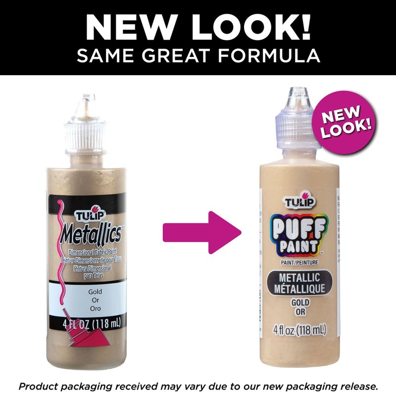 توليب طلاء قماش منتفخ من التوليب بلمسة نهائية معدنية، طلاء حرفي دائم للملابس، مشاريع DIY، غير سام، 4 أونصة سائلة، 3 عبوات، ذهبي معدني - Image 2